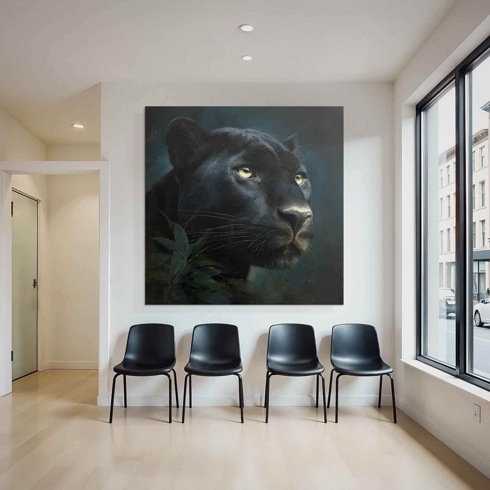 Tropics and Jungle Black Panther Portrait in the Dark with Leaves