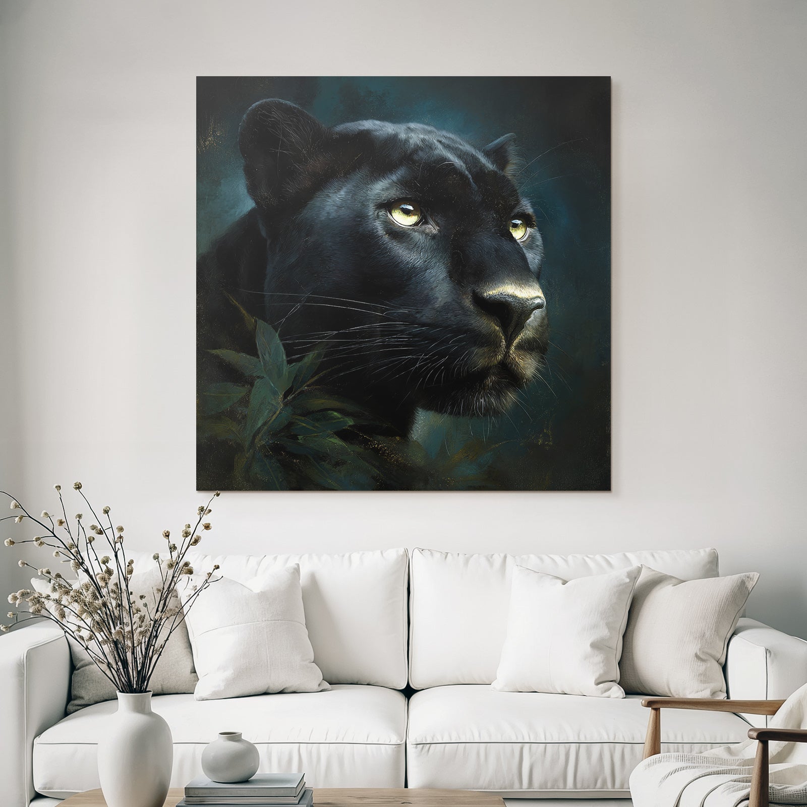 Tropics and Jungle Black Panther Portrait in the Dark with Leaves