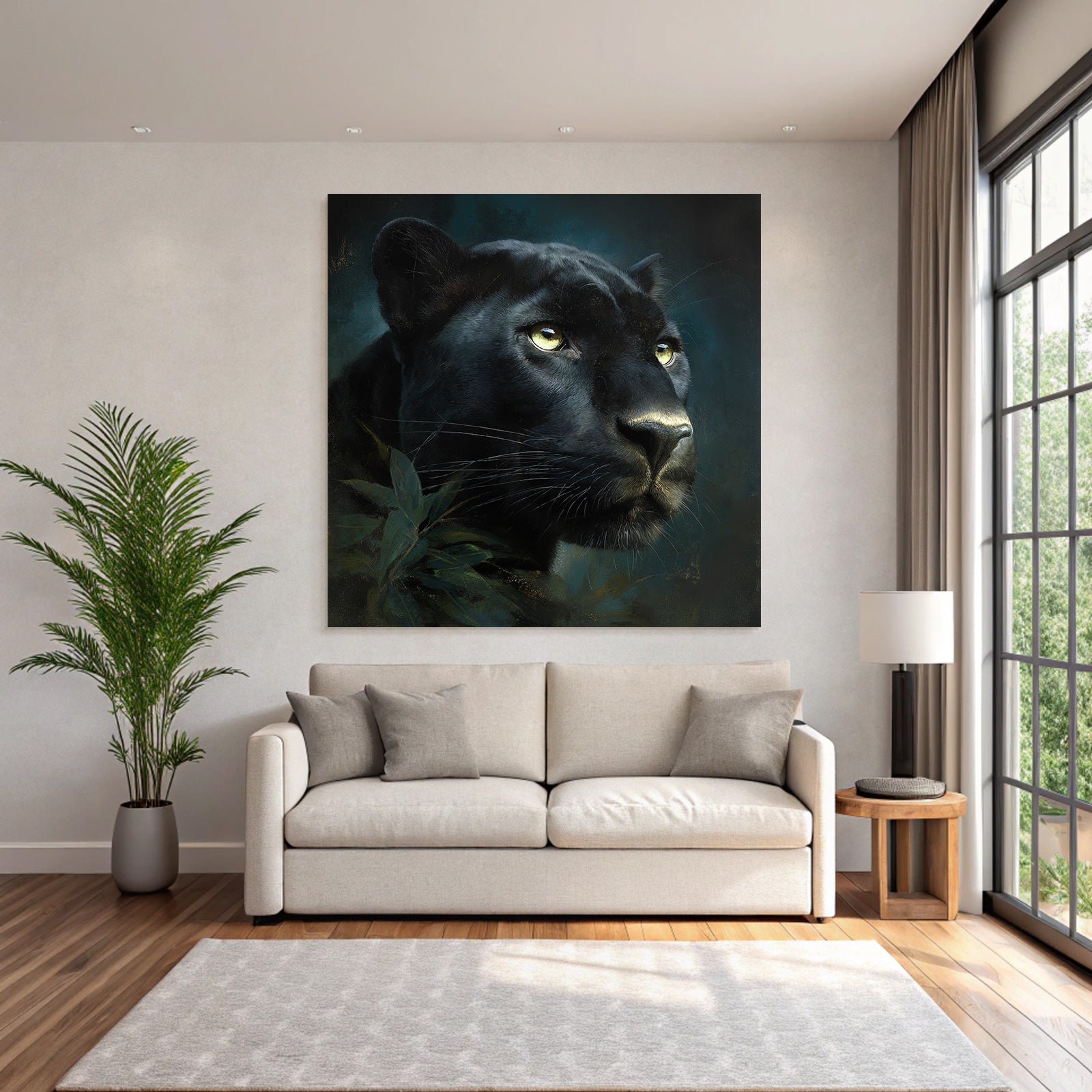 Tropics and Jungle Black Panther Portrait in the Dark with Leaves