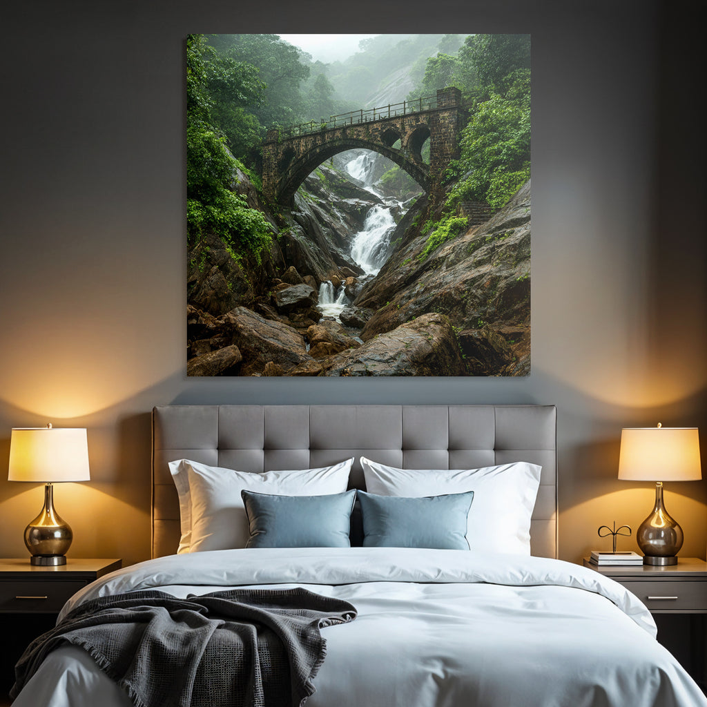 Tropics and Jungle Stone Bridge Waterfall Landscape Nature Misty
