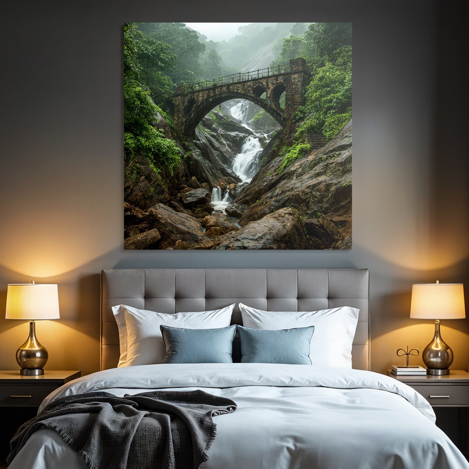 Tropics and Jungle Stone Bridge Waterfall Landscape Nature Misty