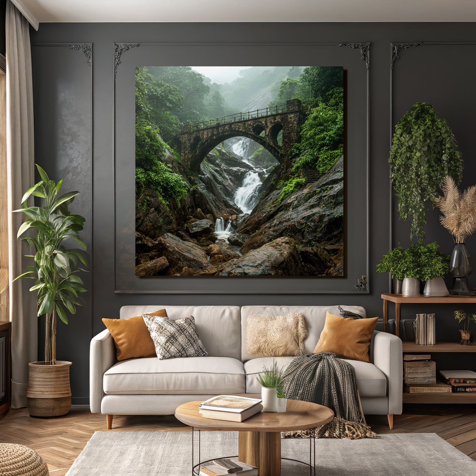 Tropics and Jungle Stone Bridge Waterfall Landscape Nature Misty
