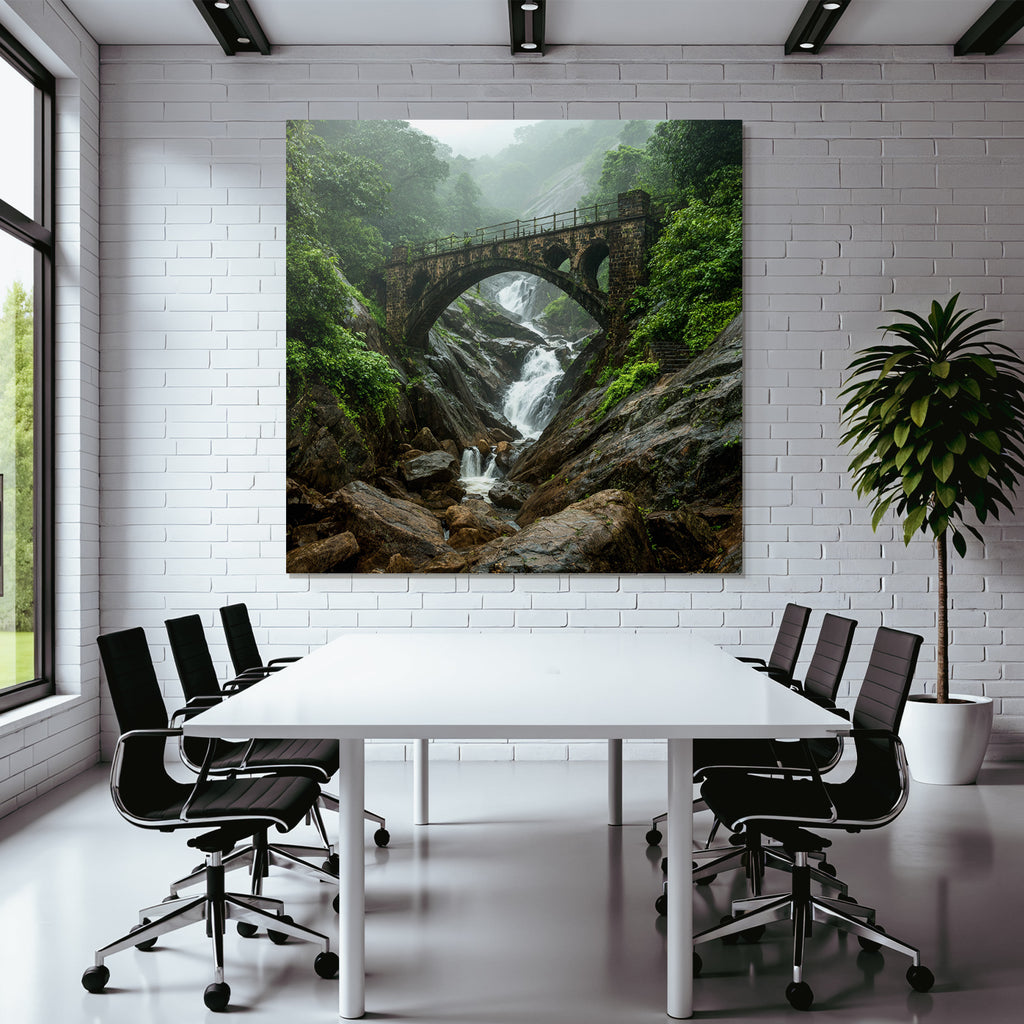 Tropics and Jungle Stone Bridge Waterfall Landscape Nature Misty