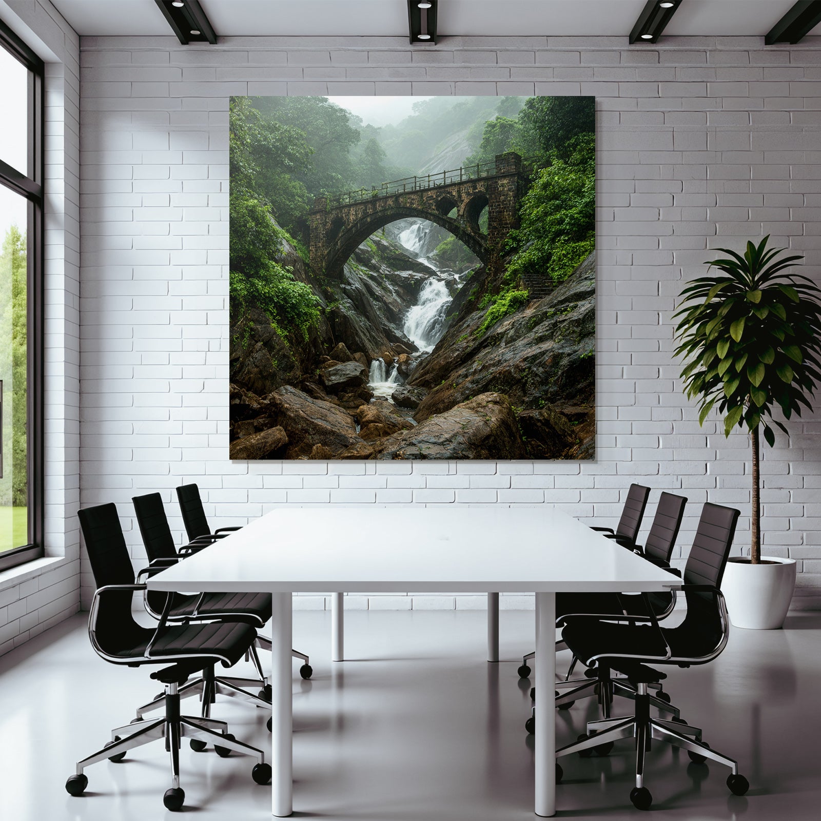 Tropics and Jungle Stone Bridge Waterfall Landscape Nature Misty
