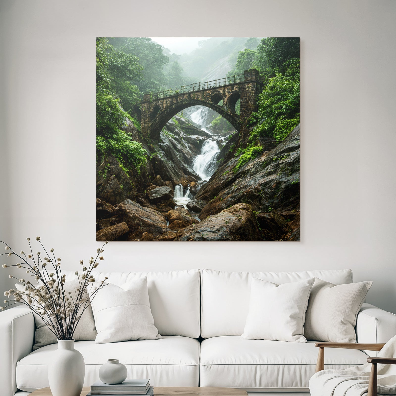 Tropics and Jungle Stone Bridge Waterfall Landscape Nature Misty
