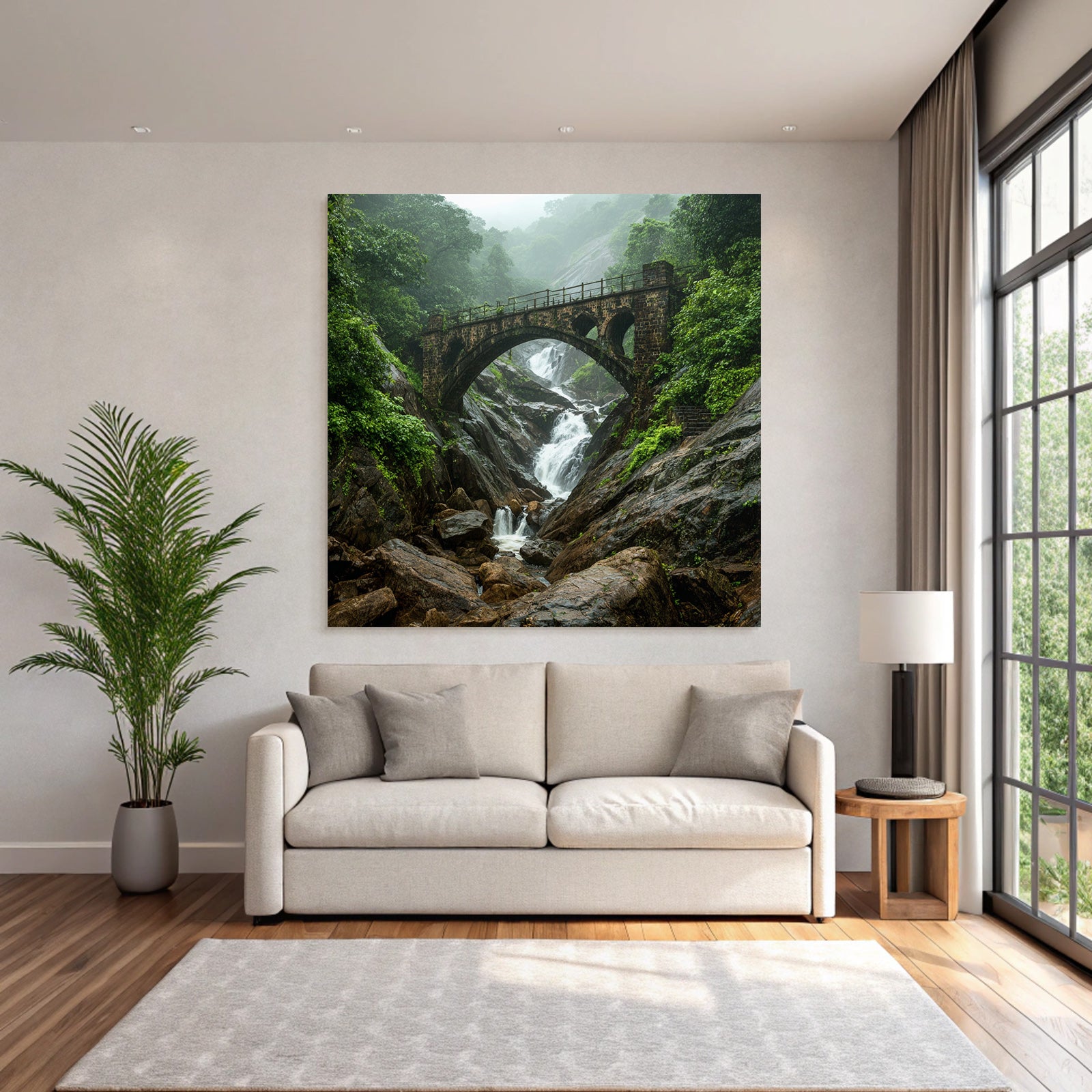 Tropics and Jungle Stone Bridge Waterfall Landscape Nature Misty