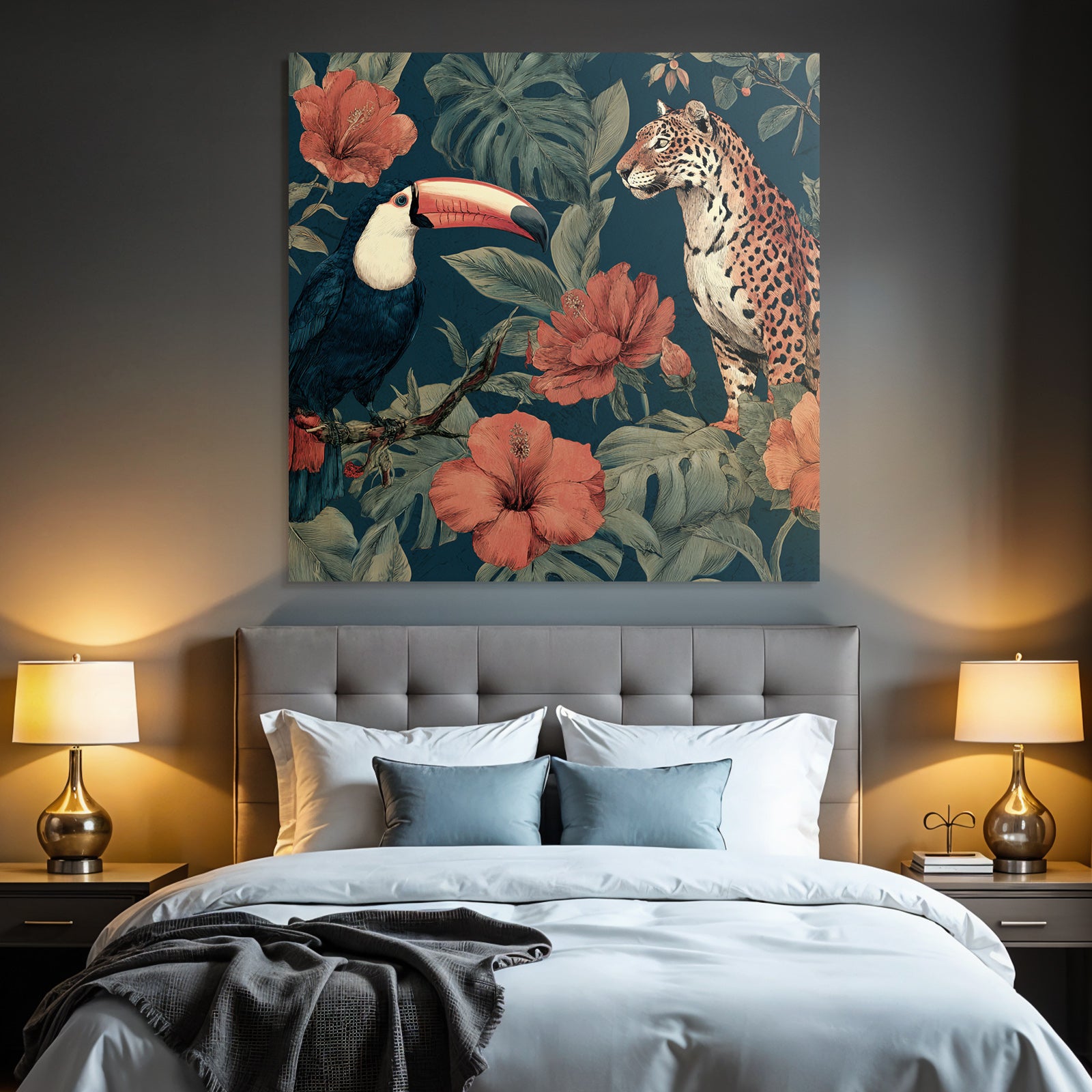 Tropics and Jungle Toucan and Jaguar in Tropical Flowers Background