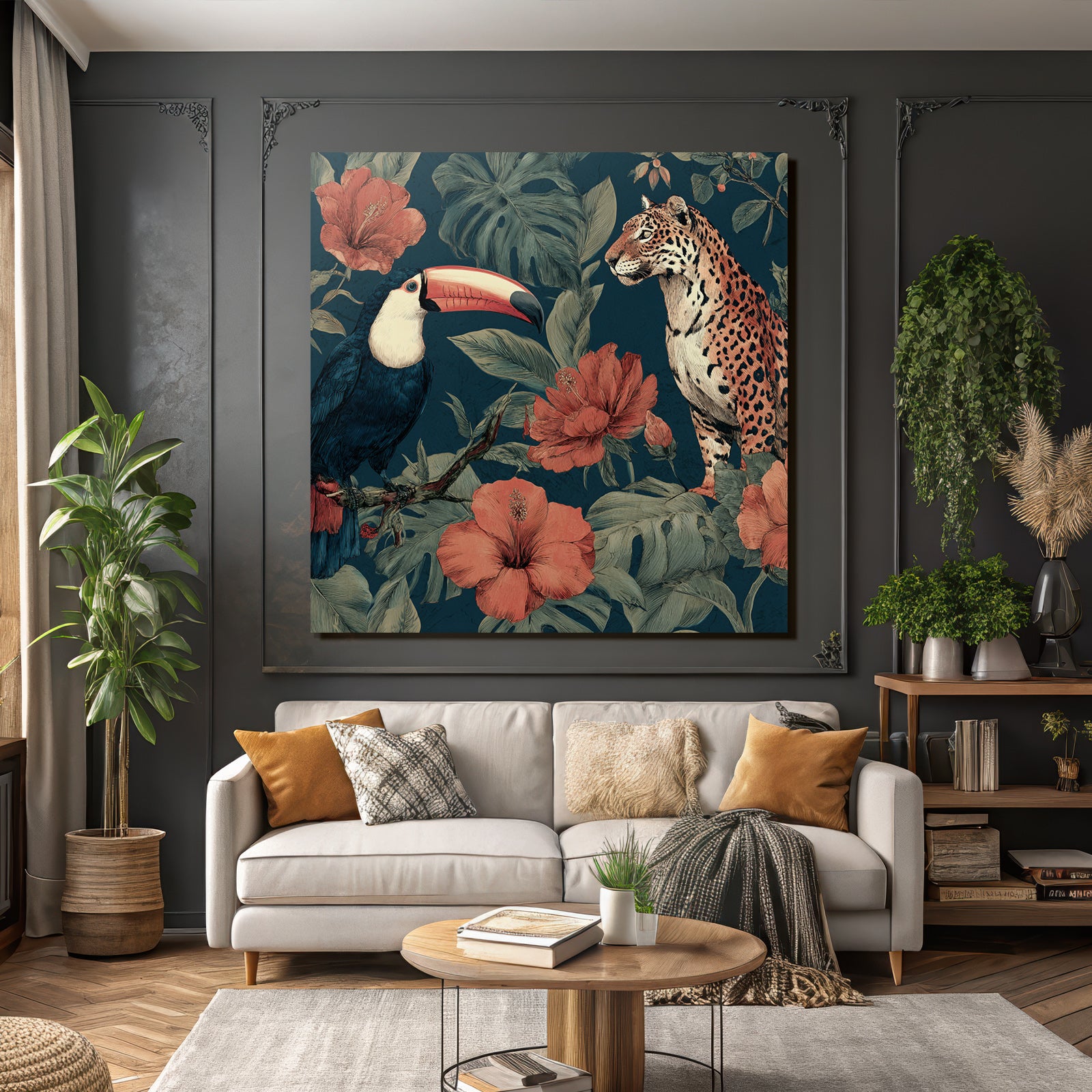 Tropics and Jungle Toucan and Jaguar in Tropical Flowers Background