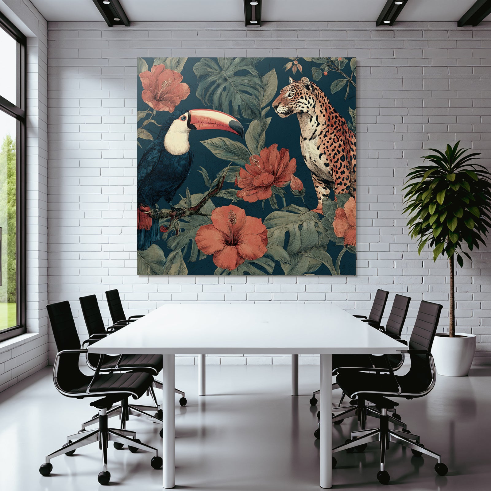 Tropics and Jungle Toucan and Jaguar in Tropical Flowers Background
