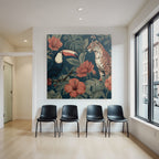 Tropics and Jungle Toucan and Jaguar in Tropical Flowers Background