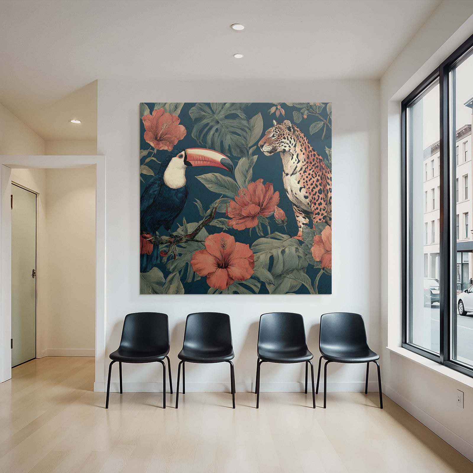 Tropics and Jungle Toucan and Jaguar in Tropical Flowers Background