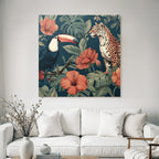 Tropics and Jungle Toucan and Jaguar in Tropical Flowers Background