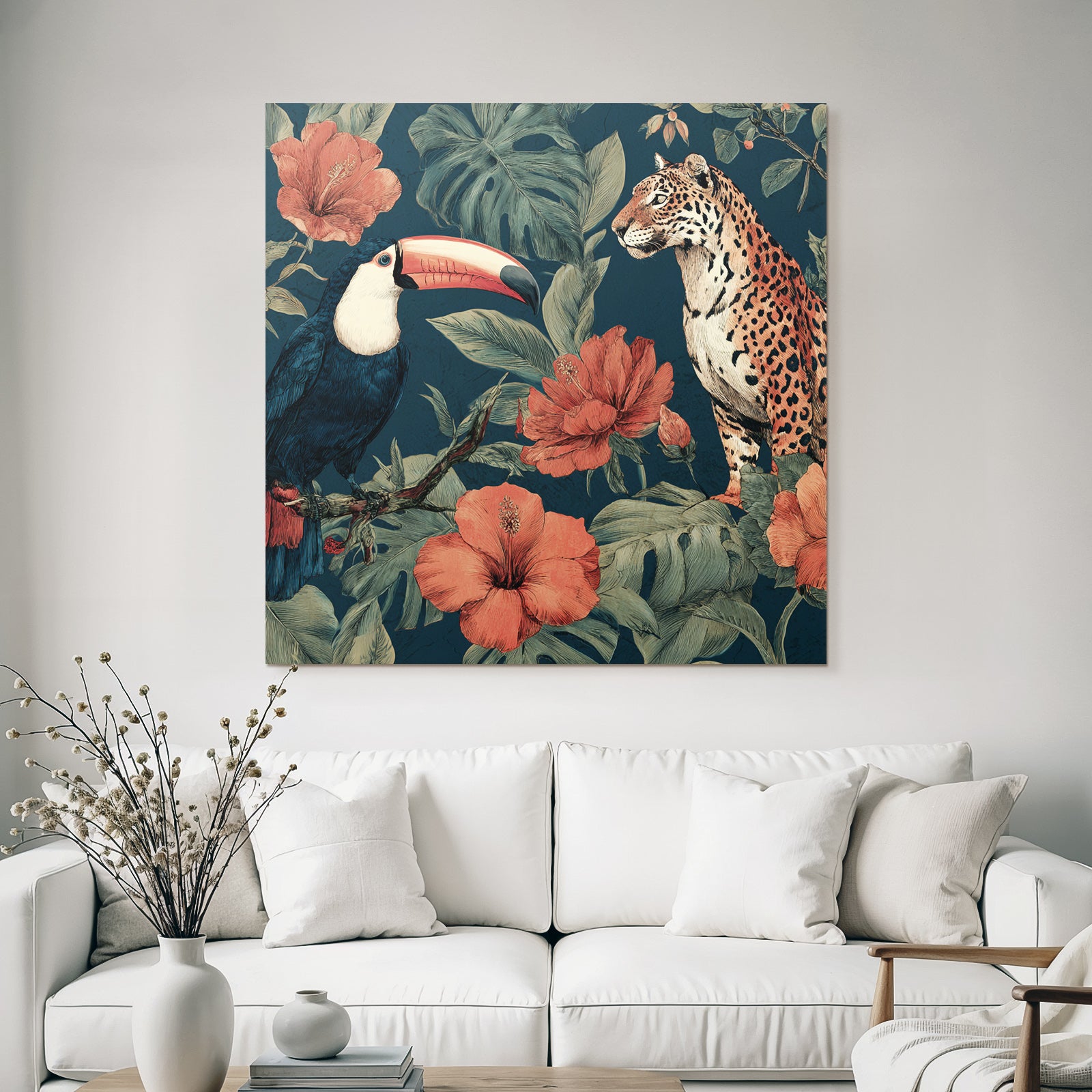 Tropics and Jungle Toucan and Jaguar in Tropical Flowers Background