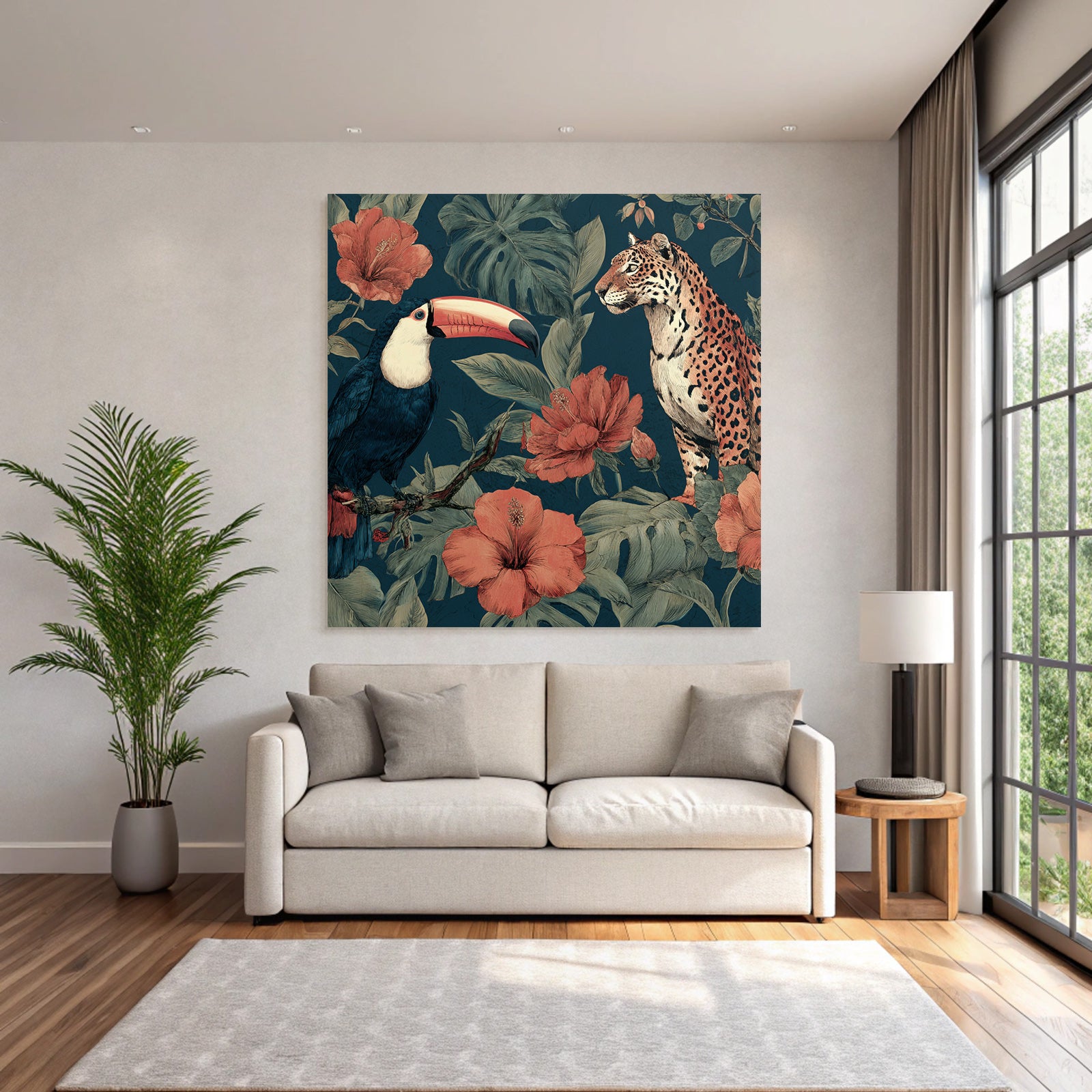 Tropics and Jungle Toucan and Jaguar in Tropical Flowers Background
