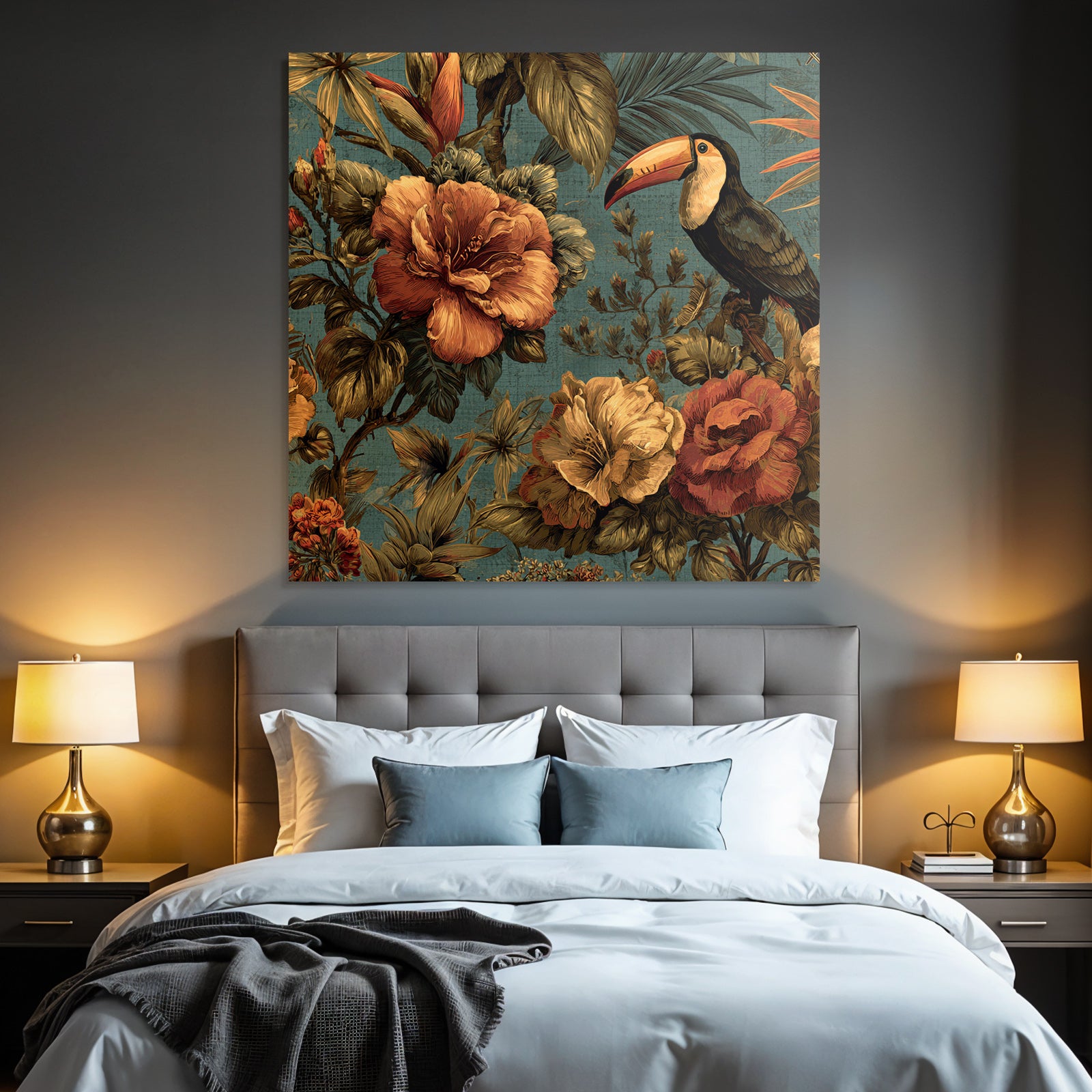Tropics and Jungle Tropical Flowers and Toucan Vibrant Design Textile Pattern