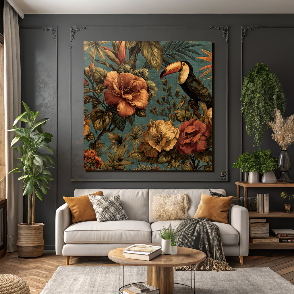 Tropics and Jungle Tropical Flowers and Toucan Vibrant Design Textile Pattern
