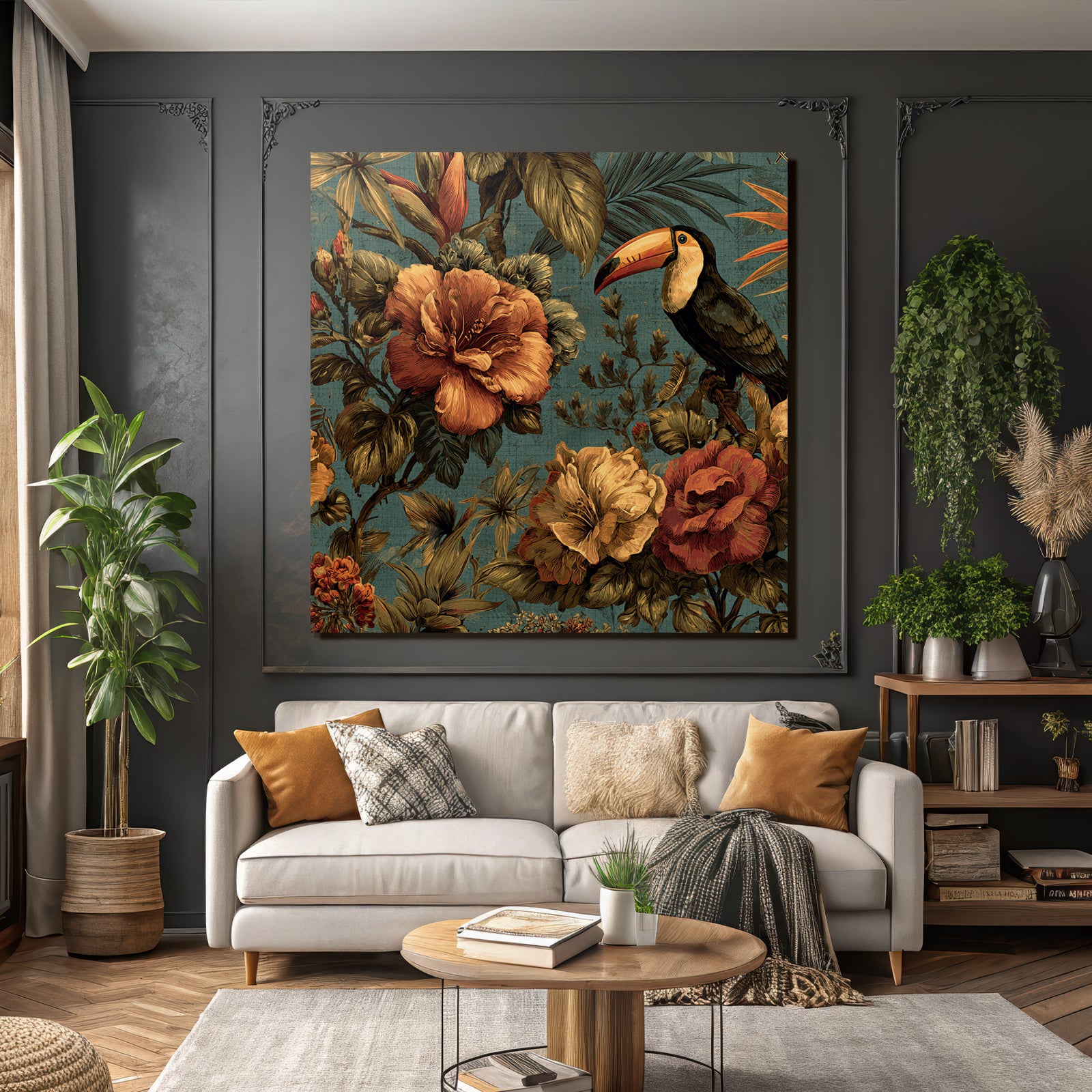 Tropics and Jungle Tropical Flowers and Toucan Vibrant Design Textile Pattern