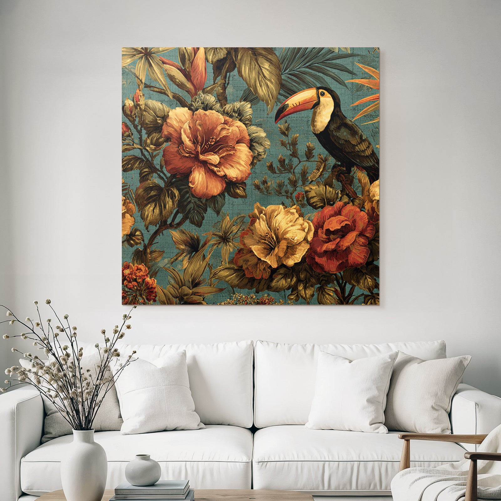 Tropics and Jungle Tropical Flowers and Toucan Vibrant Design Textile Pattern
