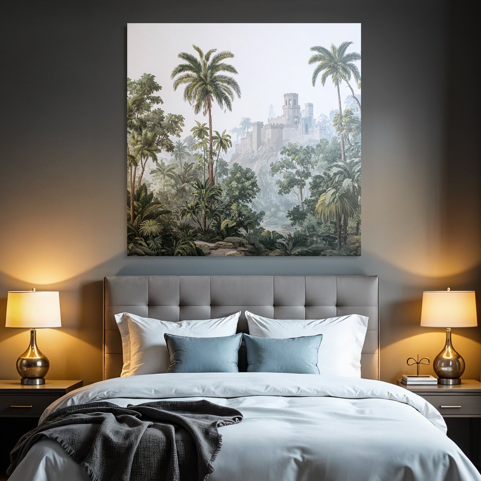 Tropics and jungle tropical landscape with castle in the fog
