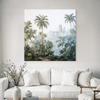 Tropics and jungle tropical landscape with castle in the fog
