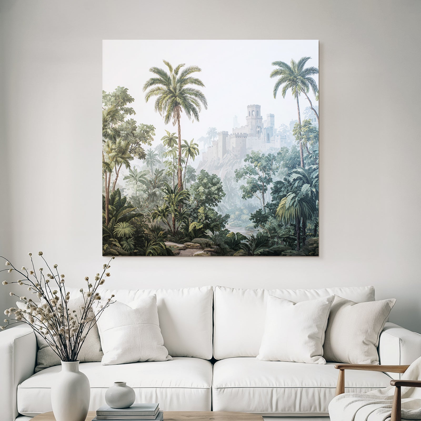 Tropics and jungle tropical landscape with castle in the fog