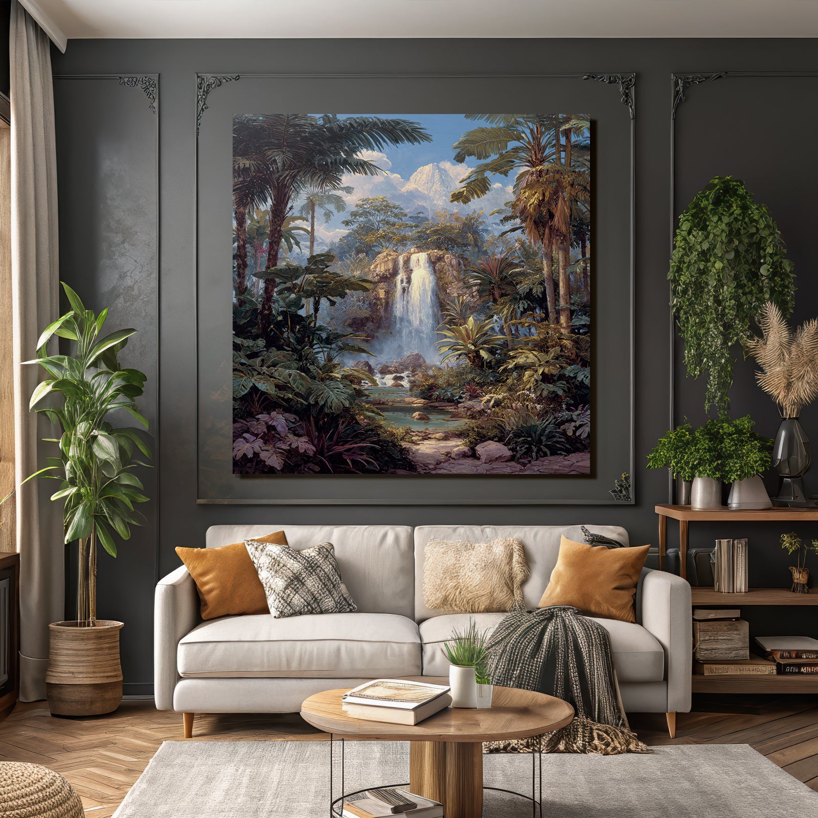 Tropics and jungle tropical landscape with waterfall and tranquility of nature