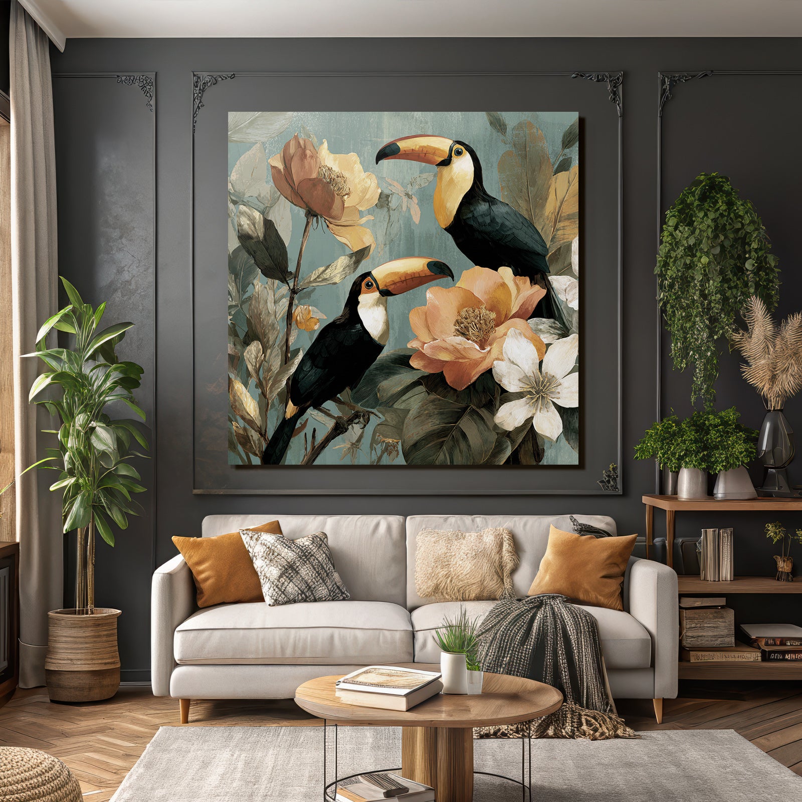 Tropics and Jungle Tropical Toucan with Flowers and Leaves Illustration