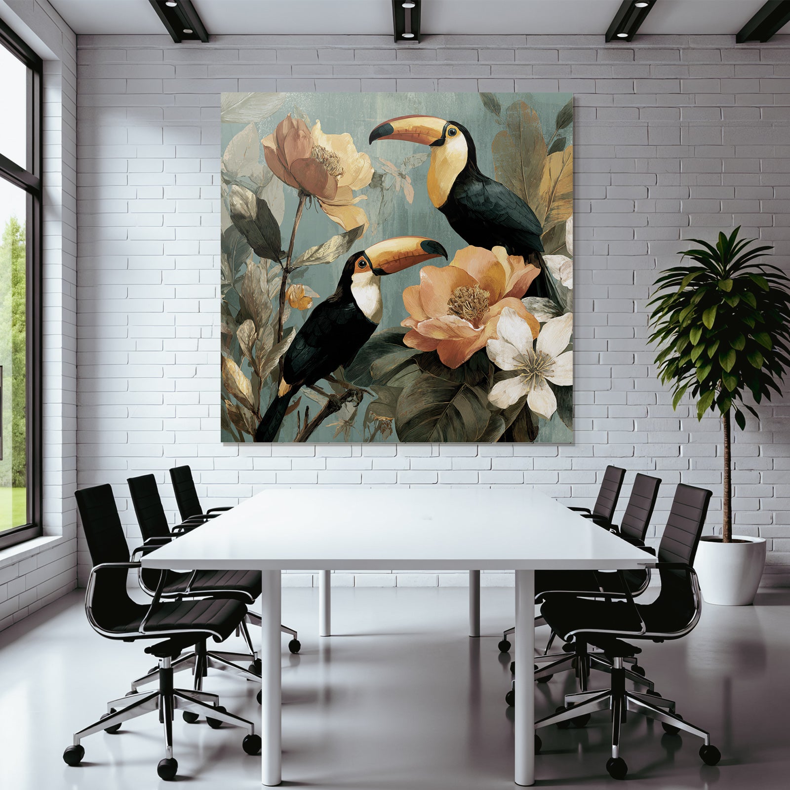 Tropics and Jungle Tropical Toucan with Flowers and Leaves Illustration