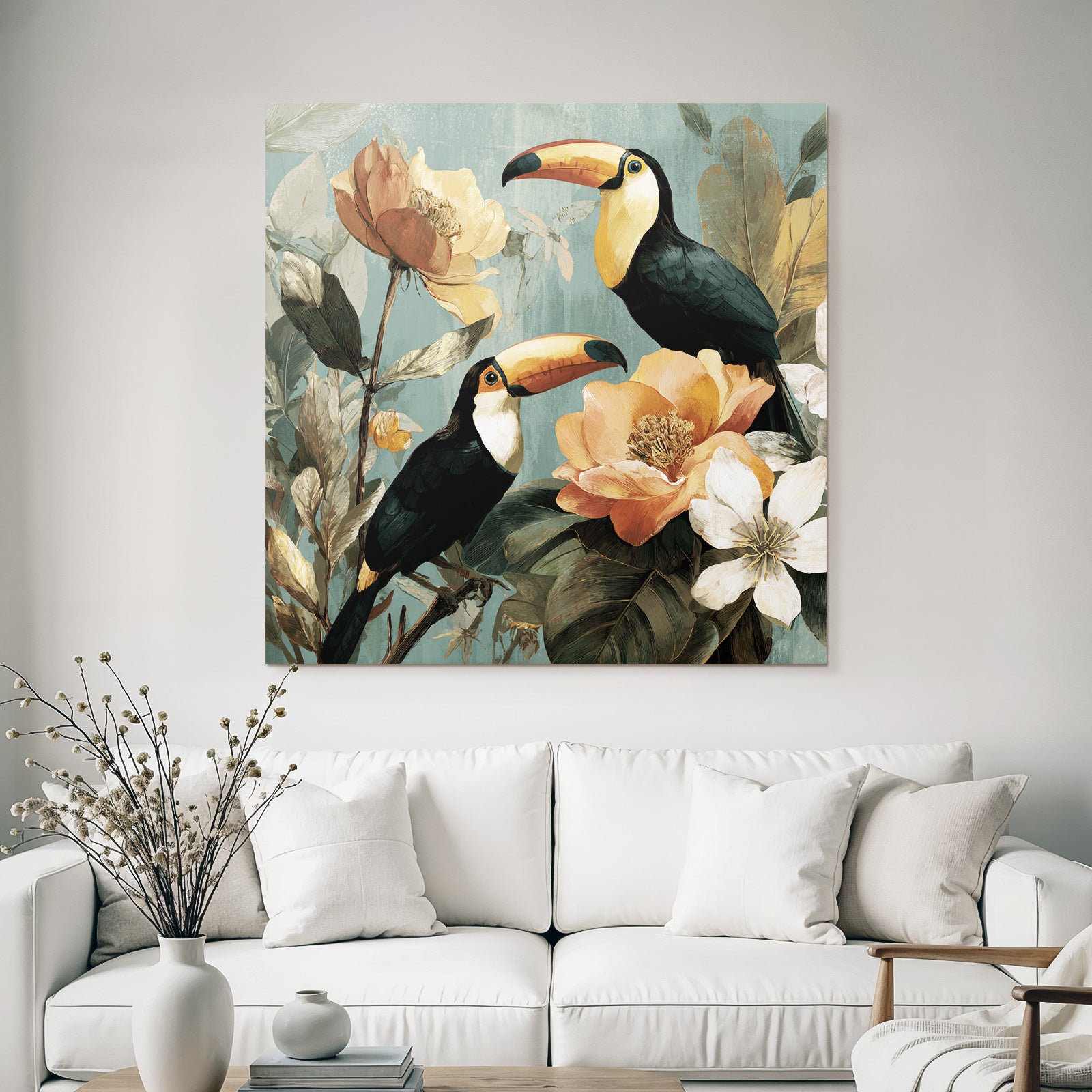 Tropics and Jungle Tropical Toucan with Flowers and Leaves Illustration