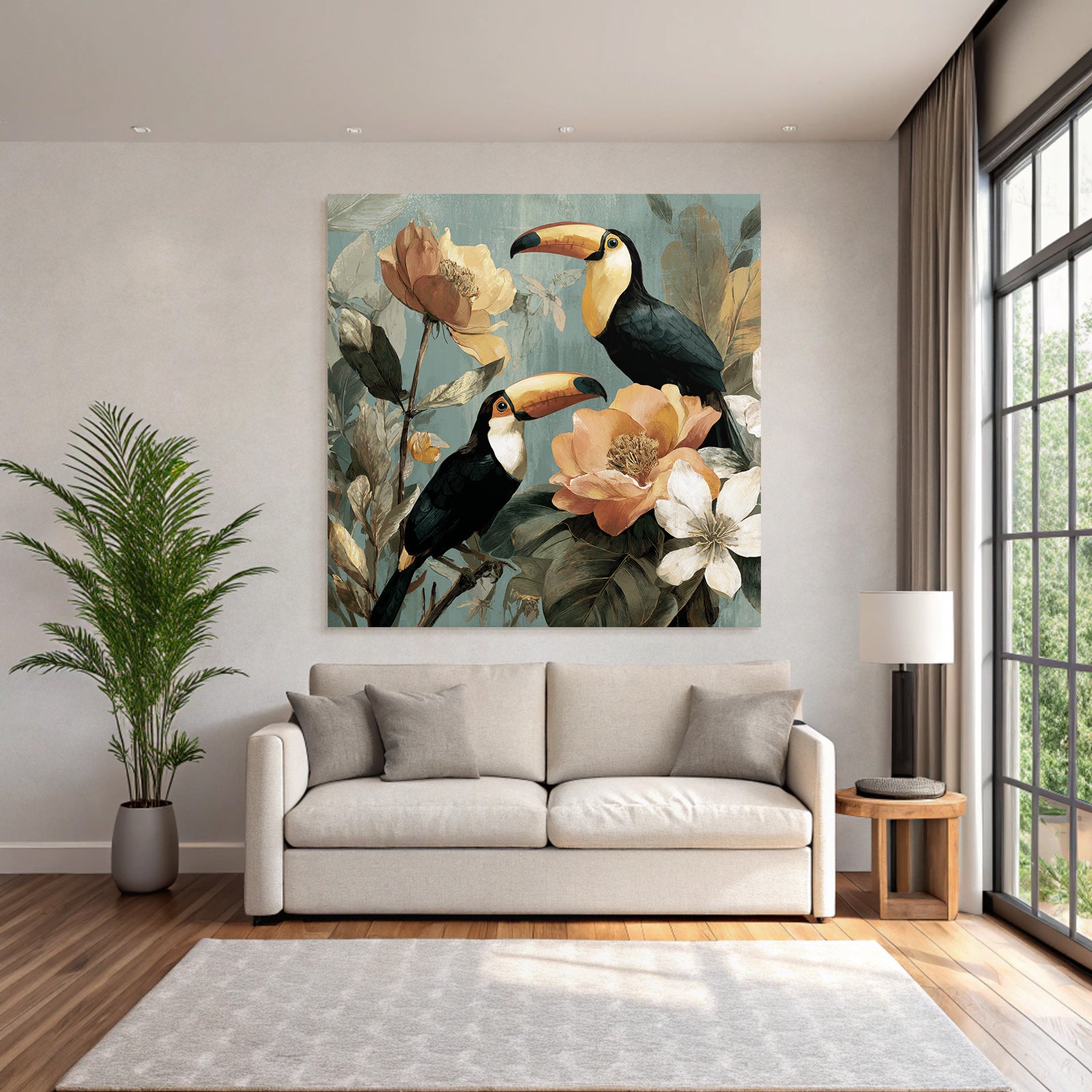 Tropics and Jungle Tropical Toucan with Flowers and Leaves Illustration