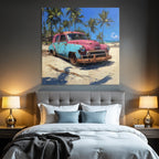 Tropen Und Dschungel Vintage Auto Rosa Blau Verlassen Am Strand Mit Palmbaum