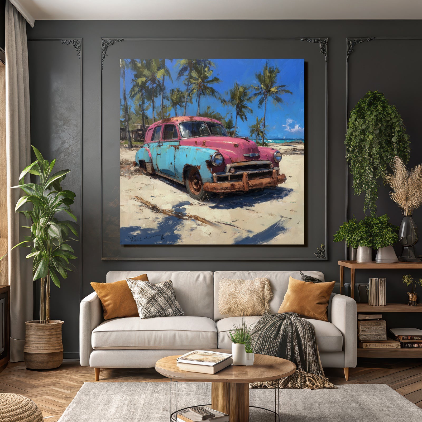 Tropics and Jungle Vintage Car Pink Blue Abandoned On Beach With Palm Tree