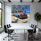 Tropen Und Dschungel Vintage Auto Rosa Blau Verlassen Am Strand Mit Palmbaum