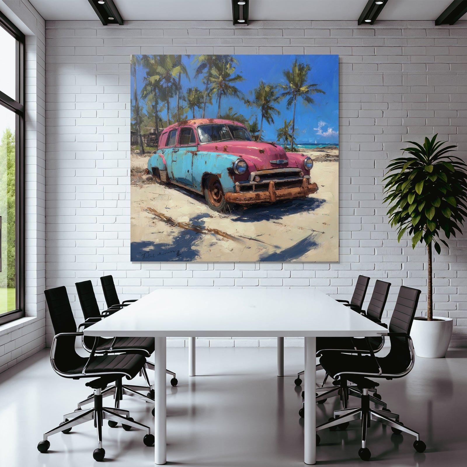Tropics and Jungle Vintage Car Pink Blue Abandoned On Beach With Palm Tree