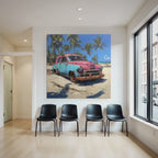 Tropen Und Dschungel Vintage Auto Rosa Blau Verlassen Am Strand Mit Palmbaum