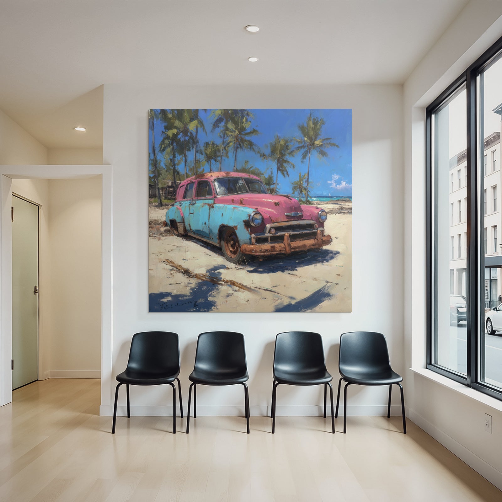 Tropics and Jungle Vintage Car Pink Blue Abandoned On Beach With Palm Tree