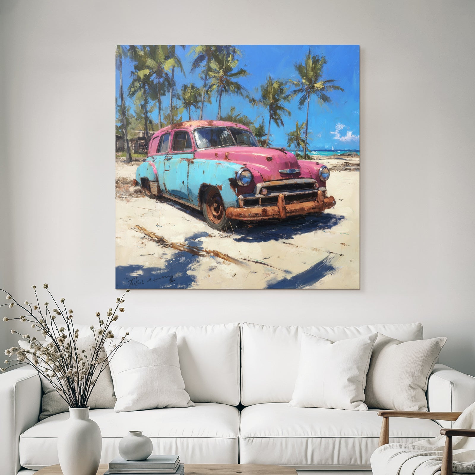 Tropics and Jungle Vintage Car Pink Blue Abandoned On Beach With Palm Tree