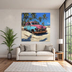 Tropen Und Dschungel Vintage Auto Rosa Blau Verlassen Am Strand Mit Palmbaum