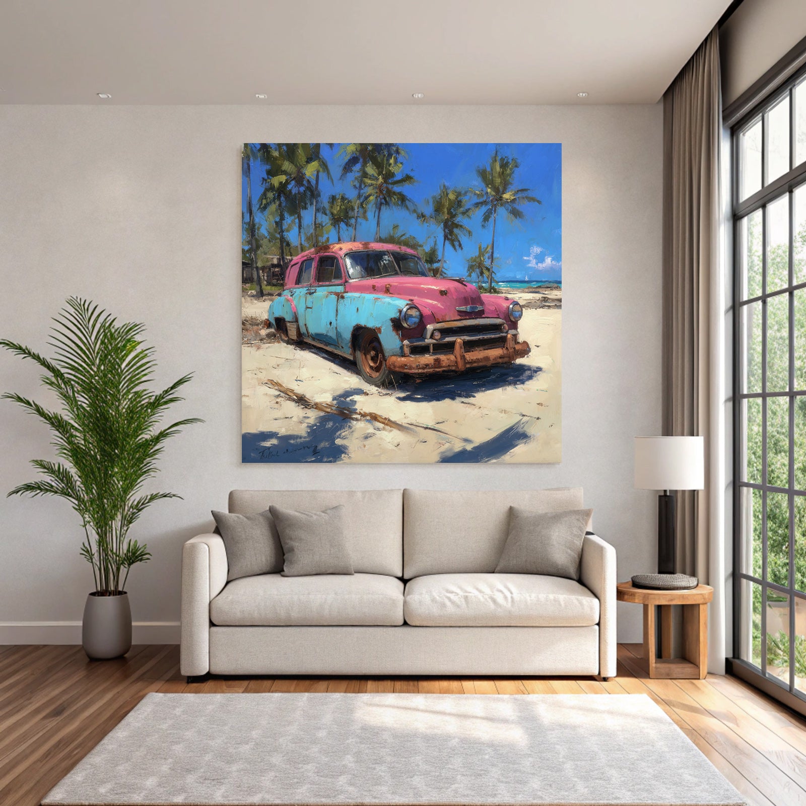 Tropics and Jungle Vintage Car Pink Blue Abandoned On Beach With Palm Tree
