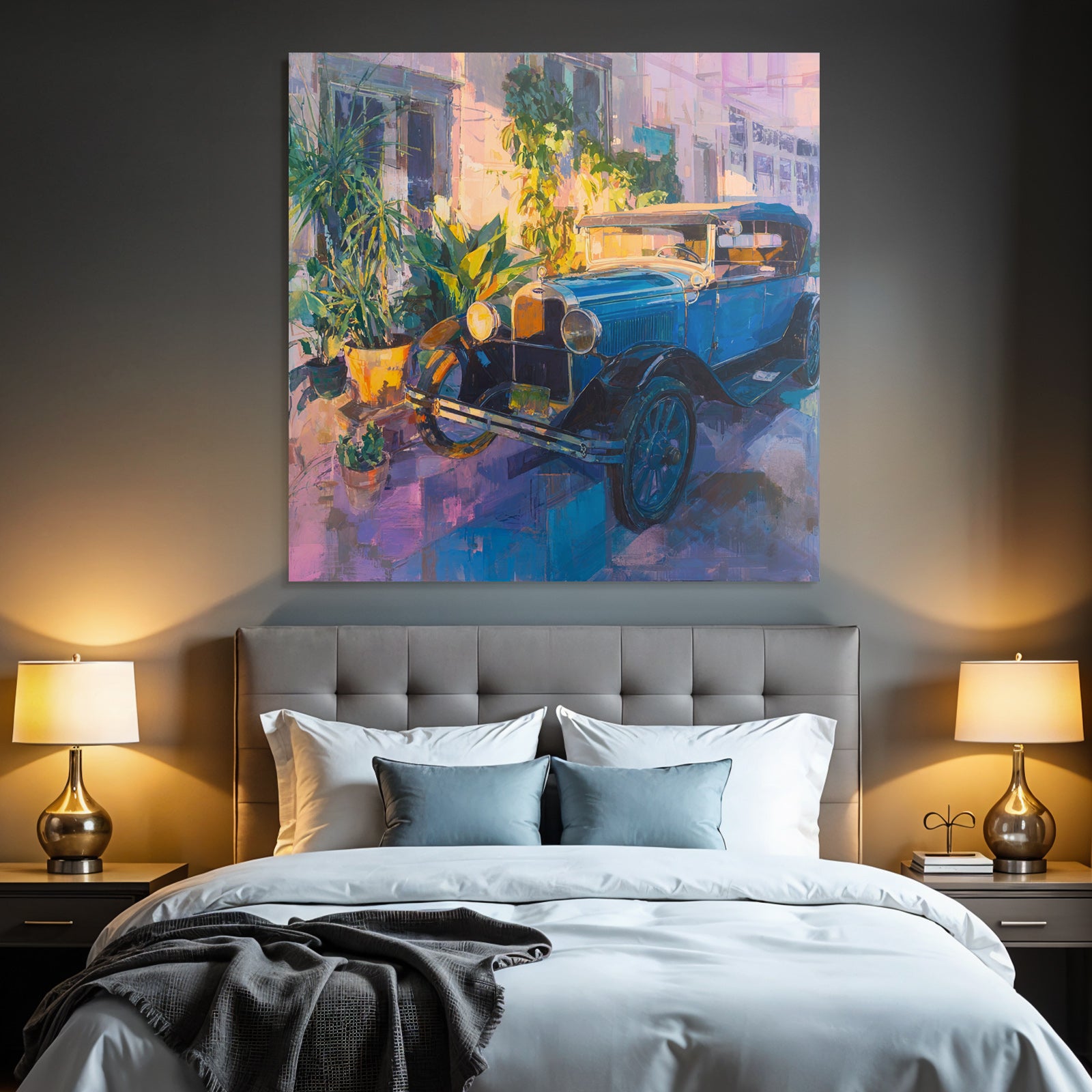 Tropics and Jungle Vintage Car Surrounded by Plants Colorful Painting