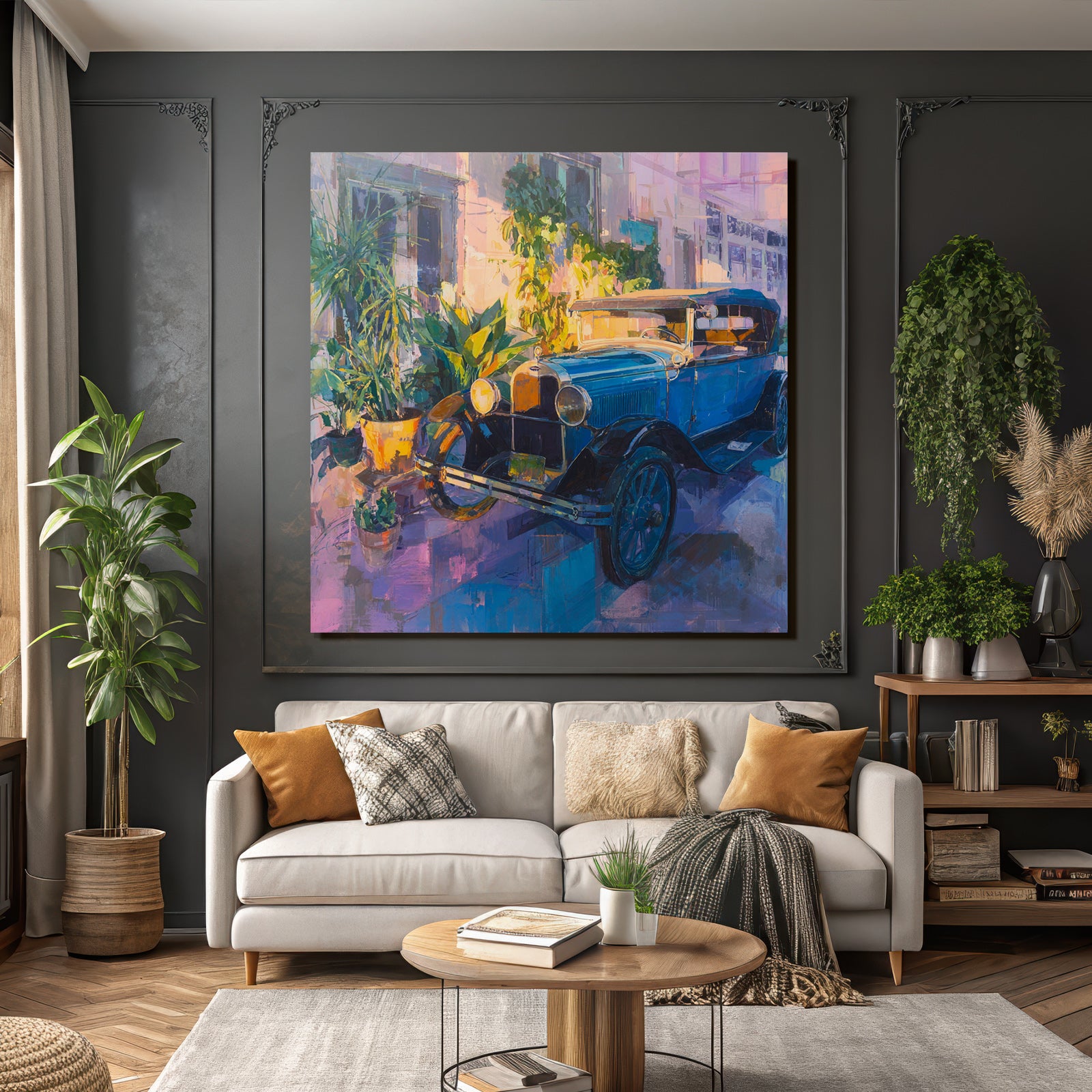 Tropics and Jungle Vintage Car Surrounded by Plants Colorful Painting