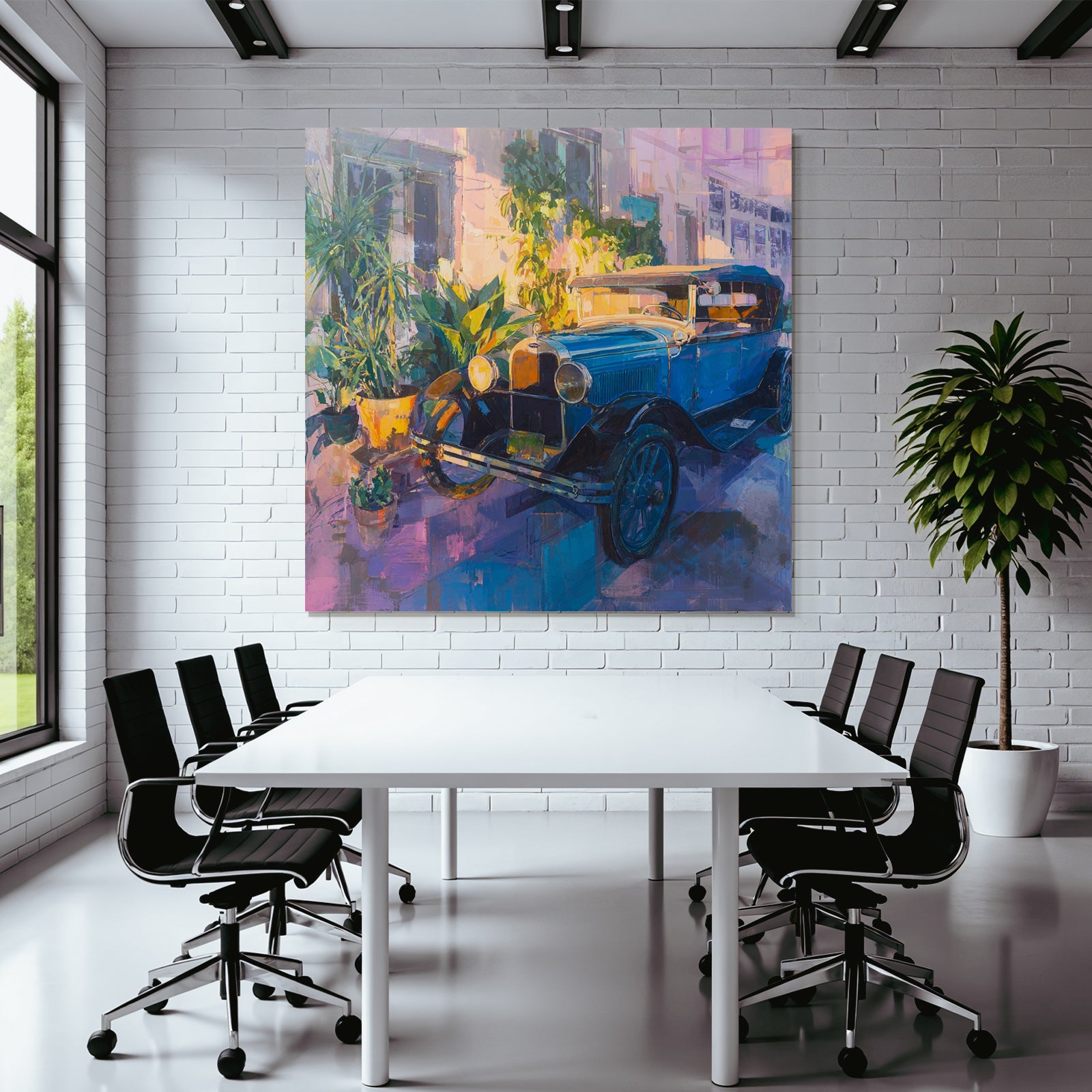 Tropics and Jungle Vintage Car Surrounded by Plants Colorful Painting