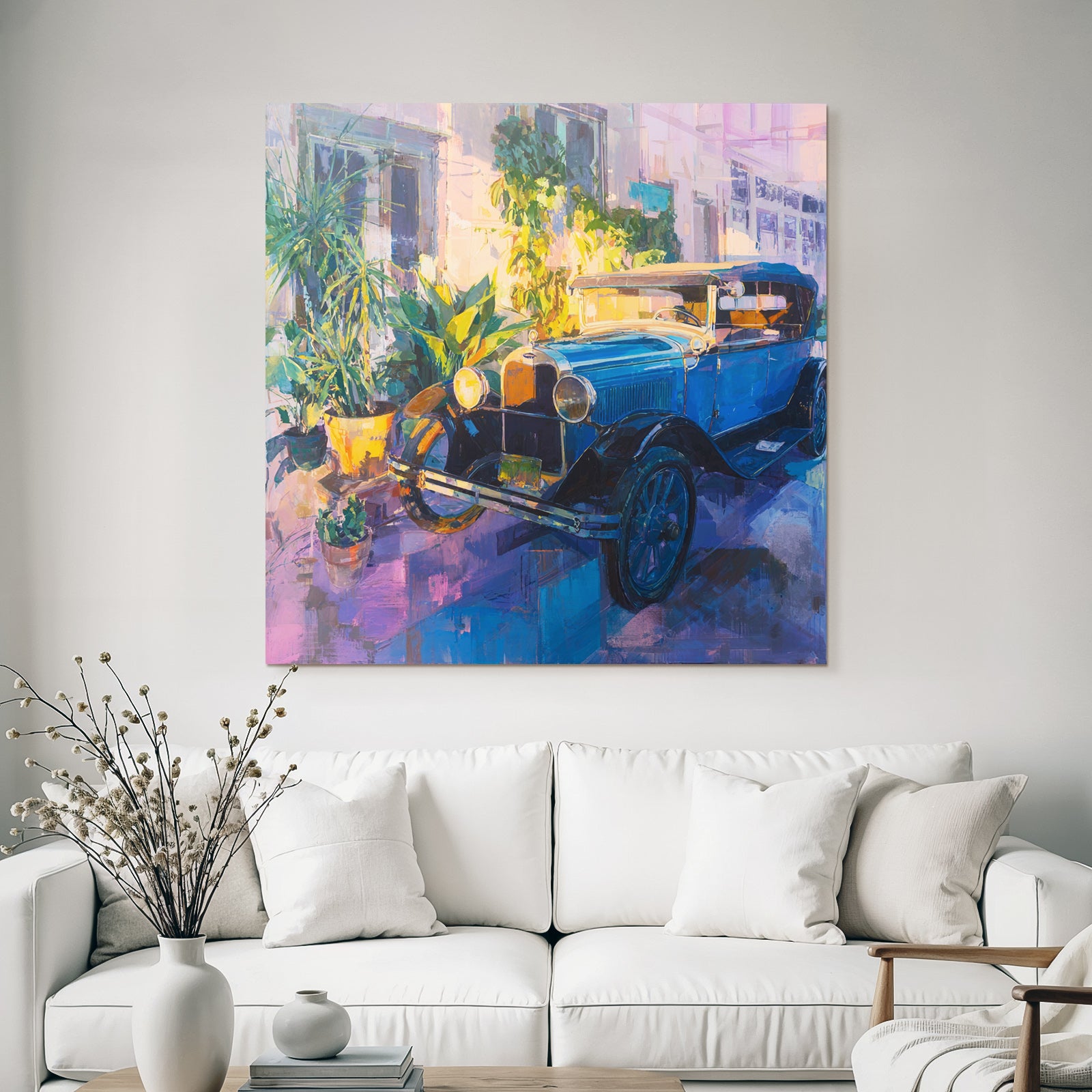 Tropics and Jungle Vintage Car Surrounded by Plants Colorful Painting