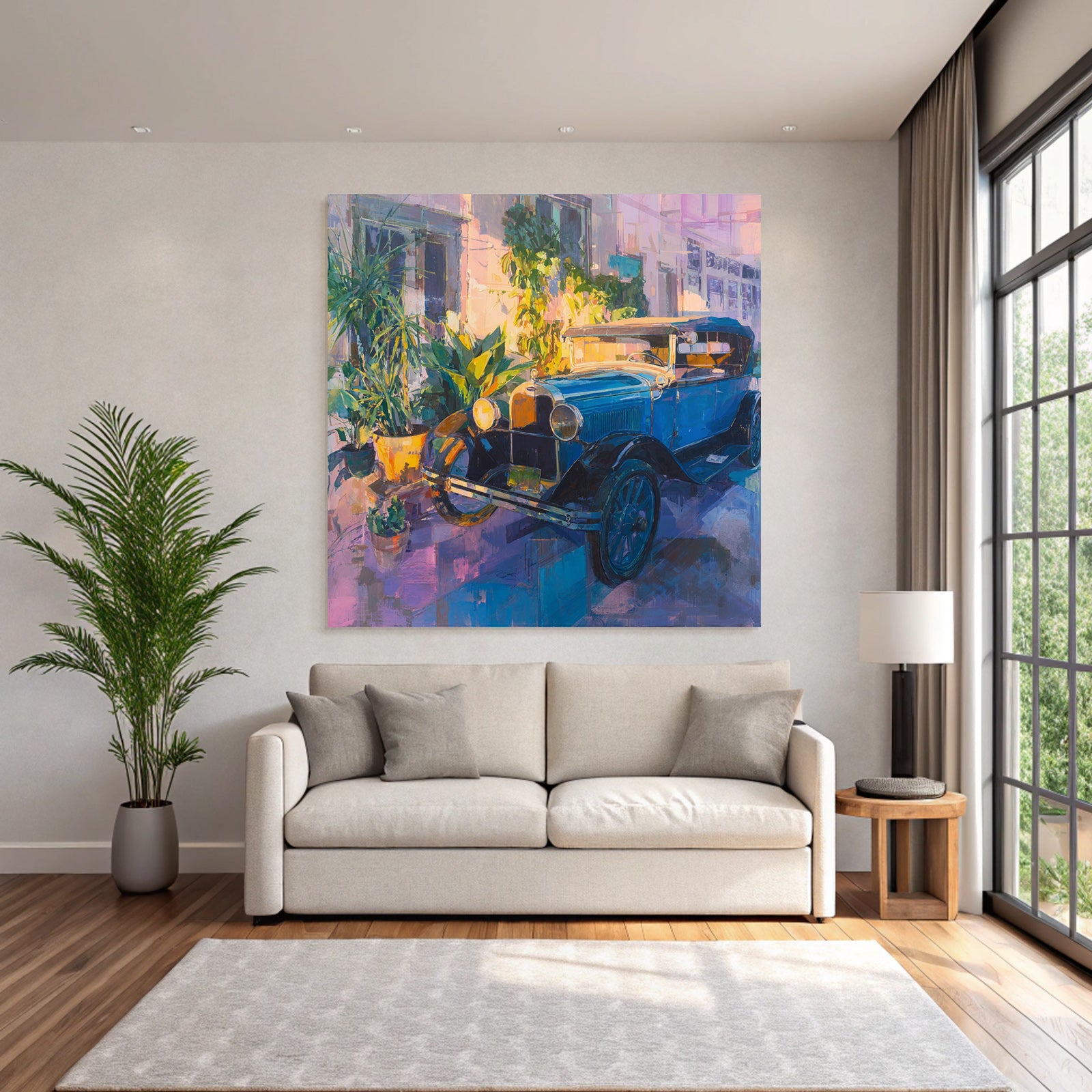 Tropics and Jungle Vintage Car Surrounded by Plants Colorful Painting