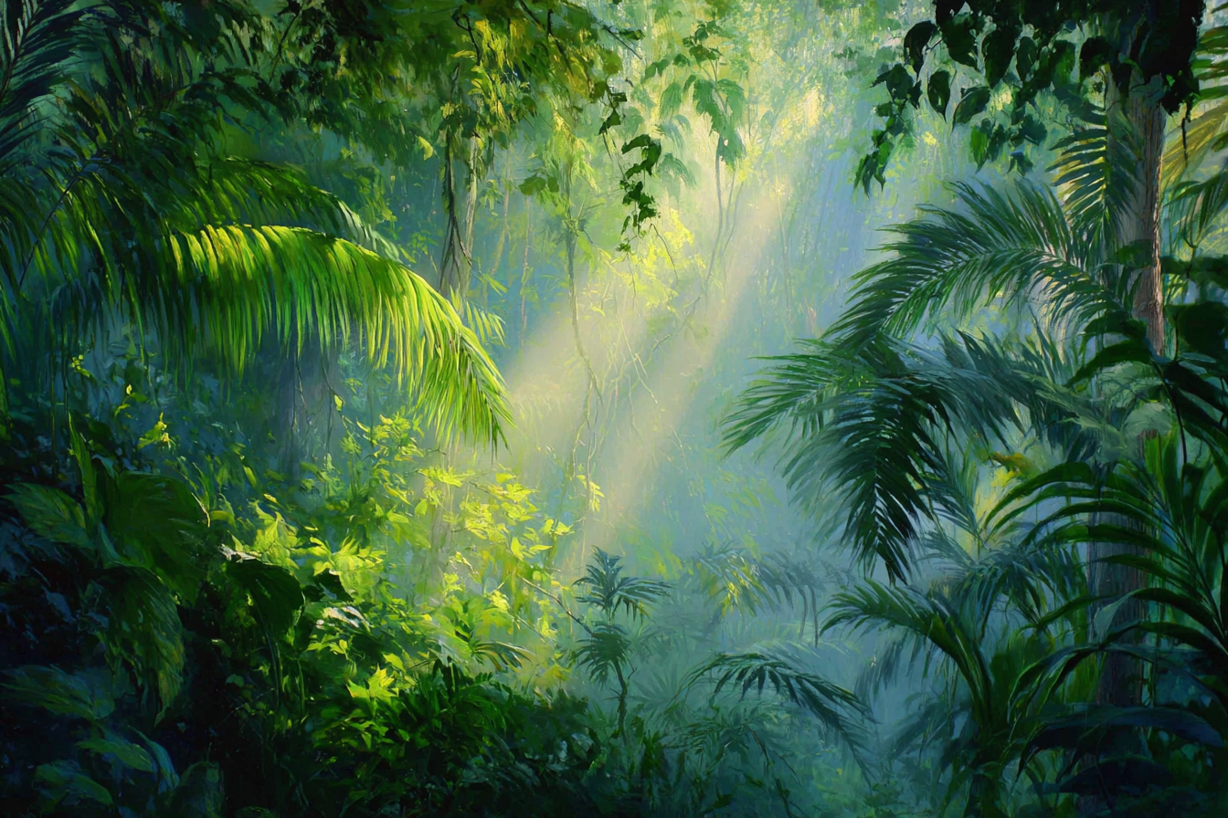 Tropen Und Dschungel Dichte Luxuriöse Jungle Szene Mit Sonnenschein Und Nebel | Tropen und Dschungel | Landschaften
