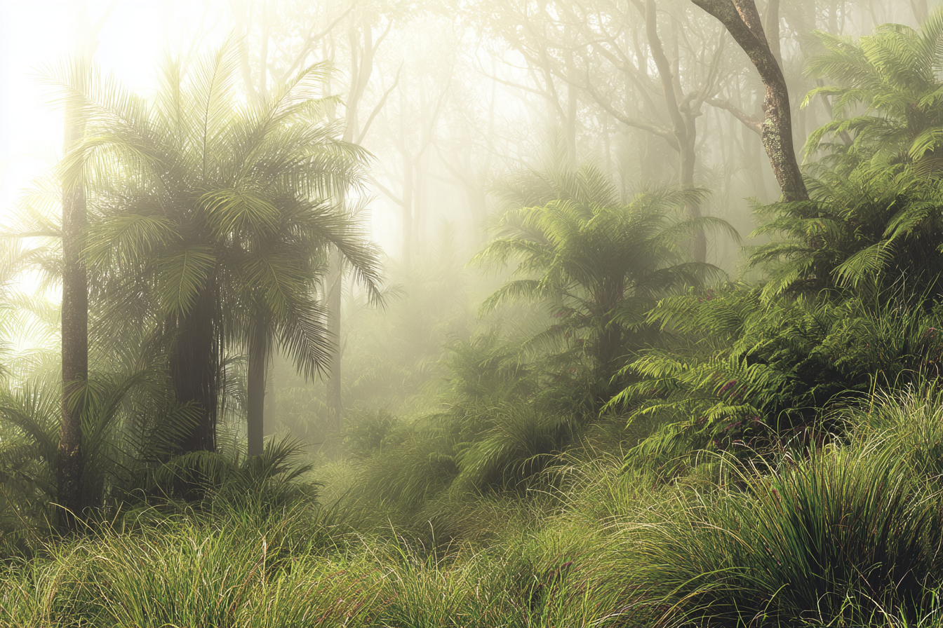 Tropen Und Dschungel Dichte Neblige Waldszene Mit Grünen Pflanzen Und Ruhiger Atmosphäre | Tropen und Dschungel | Landschaften