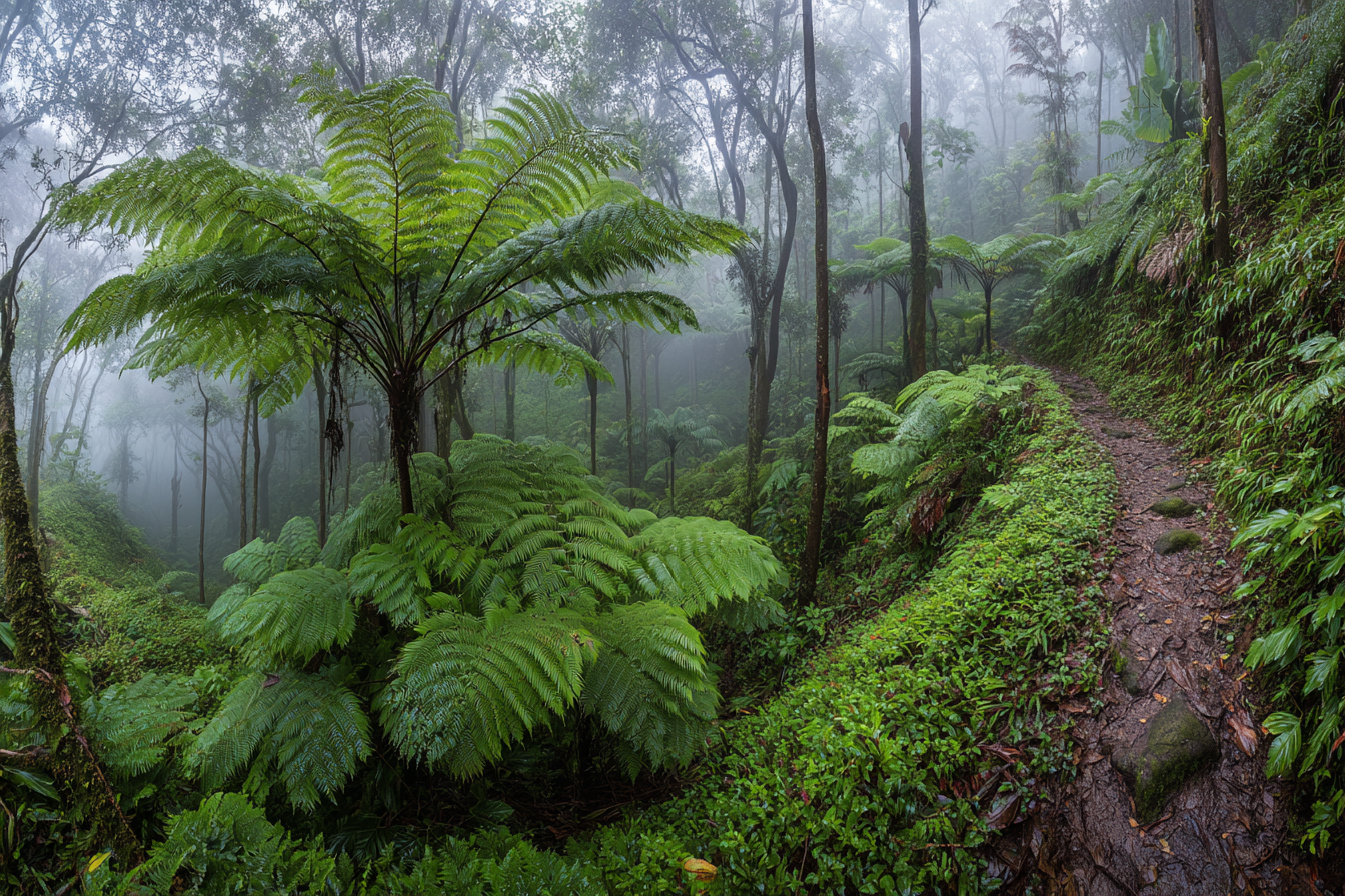 Tropen Und Dschungel Lush Misty Forest Scene Mit Grüner Foliage Und Türmenden Bäumen | Tropen und Dschungel | Landschaften