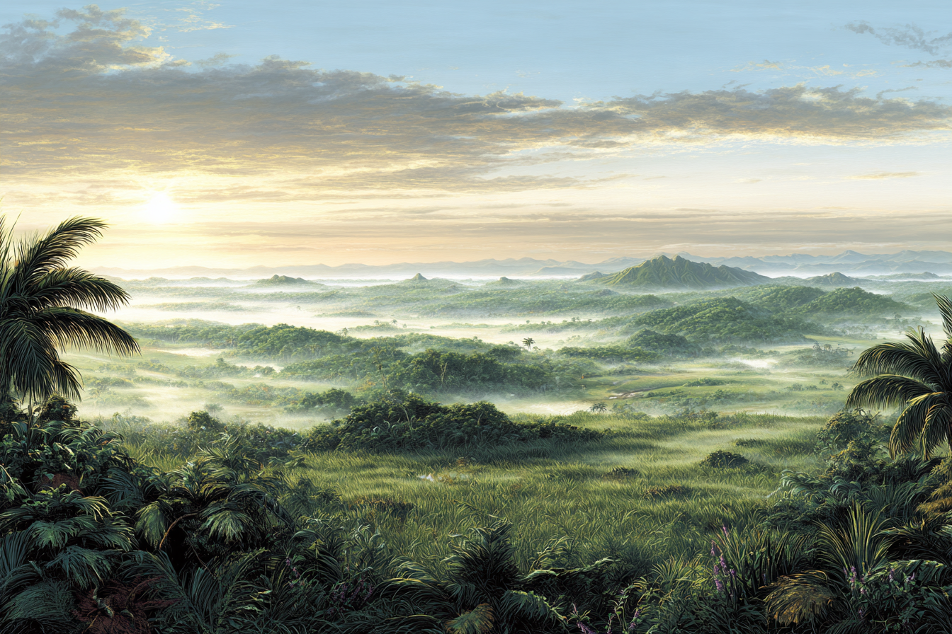 Tropen Und Dschungel Ruhige Landschaft Beim Sonnenaufgang Mit Dichten Pflanzen Und Nebel | Tropen und Dschungel | Landschaften