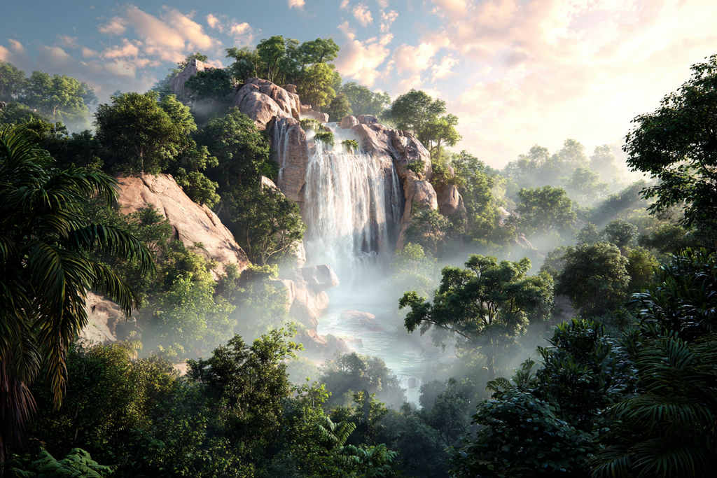 Tropen Und Dschungel Ruhige Natur Landschaft Mit Wasserfall Und Grünem Baum Bewuchs | Tropen und Dschungel | Landschaften