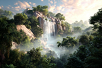 Tropen Und Dschungel Ruhige Natur Landschaft Mit Wasserfall Und Grünem Baum Bewuchs | Tropen und Dschungel | Landschaften